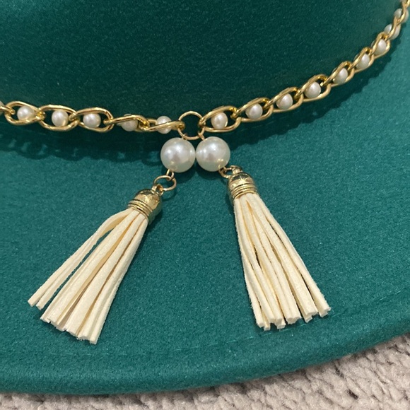 Green cowboy flat hat with pearl headband adjustable - Picture 2 of 3